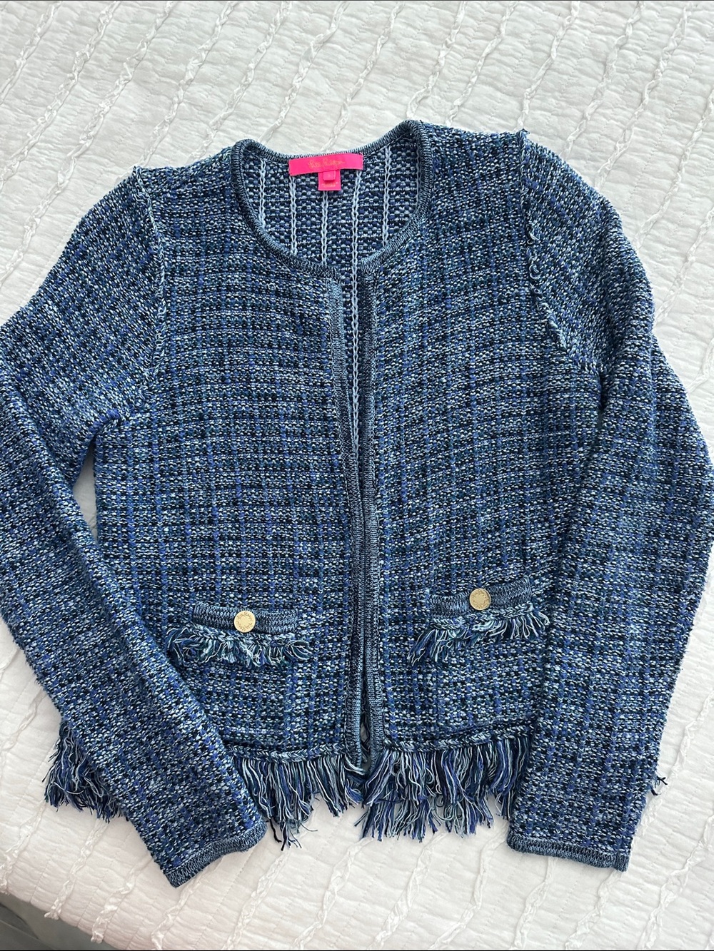 Lilly Pulitzer Blue Tweed Fringe Sweater with Gold Buttons